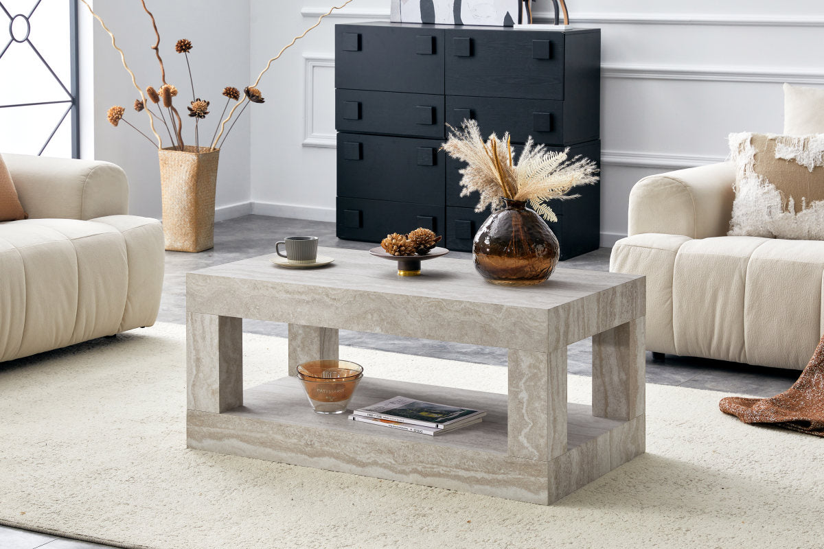 Modern 2-Tier Coffee Table For Living Room Furniture,Rectangular Center Table With Open Storage Shelf.The Double Layered Coffee Table Is Made Of MDF Material.Stable And Durable,Easy Assembly