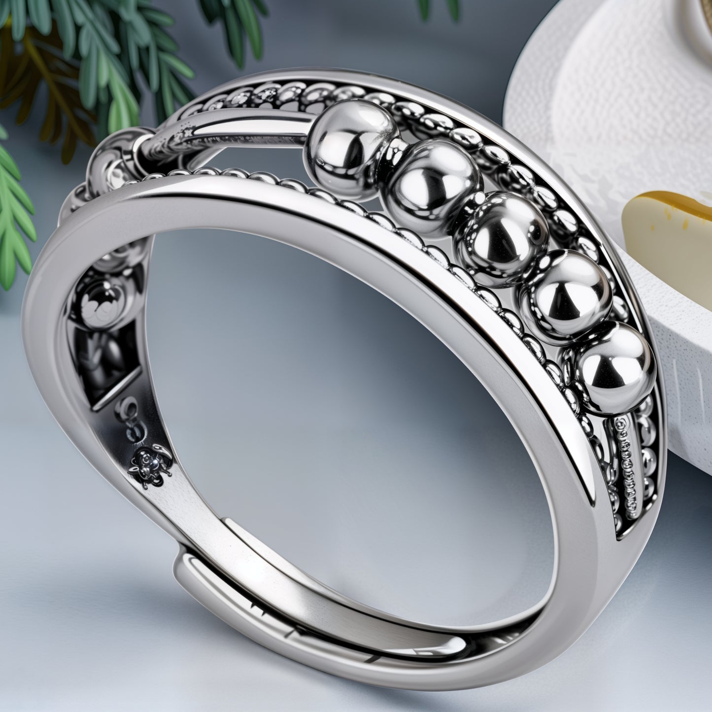 Moving Bead Fidget Spinner Open Adjustable Ring For Men Women, Copper Plated Silver Multi-Band Stress Relief Minimalist Stackable Daily Jewelry Gift