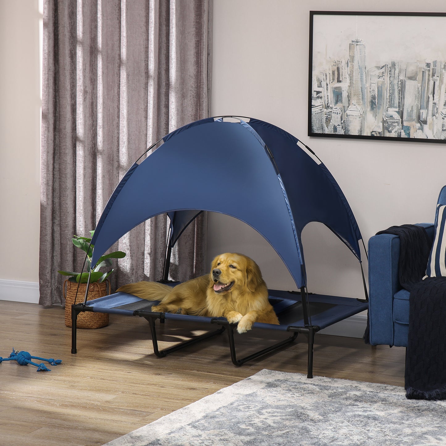 48" X 36" Elevated Portable Dog Cot Cooling Pet Bed With UV Protection Canopy Shade, Dark Blue