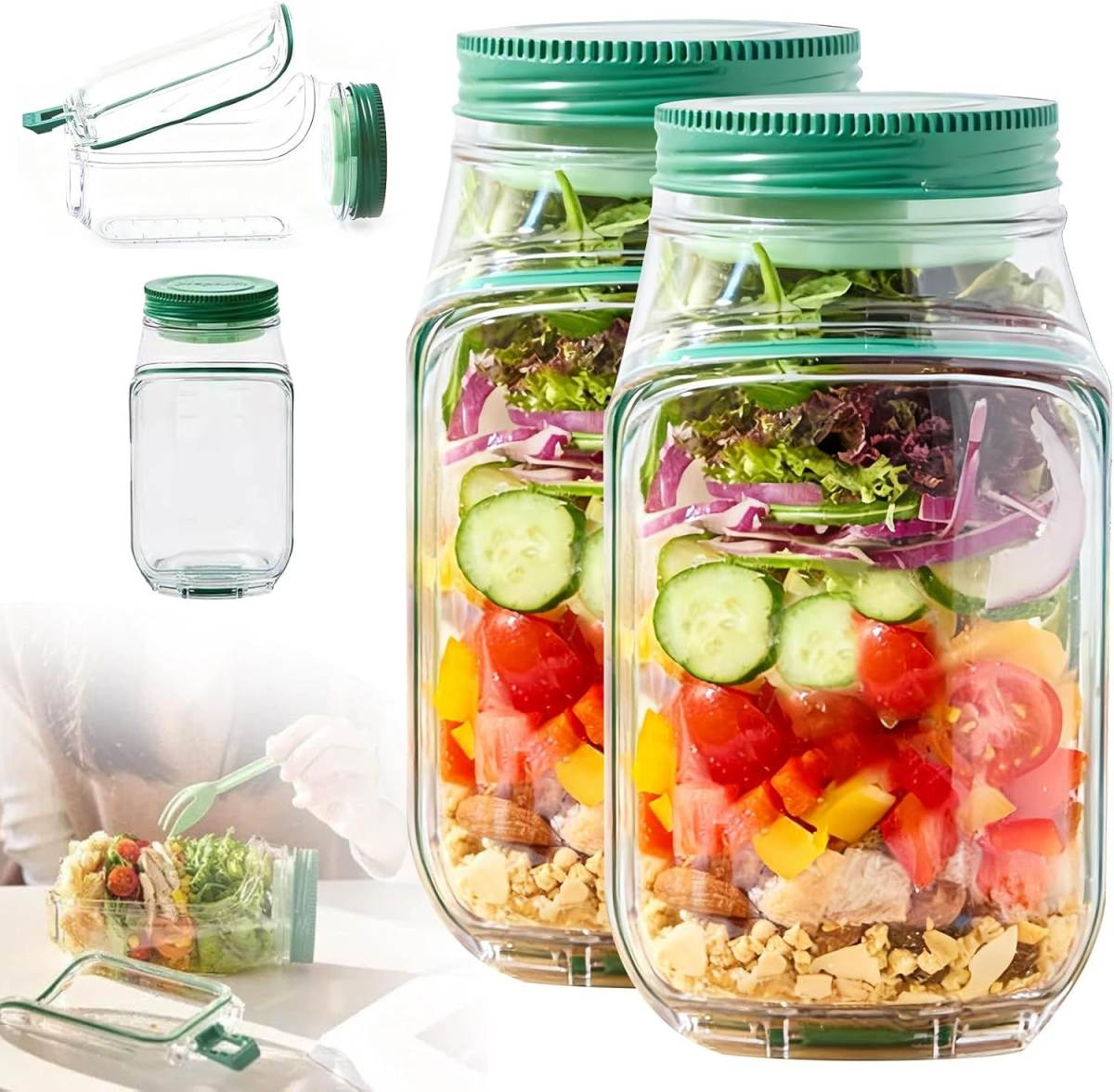 Salad Container With Side Opening, Leak-Resistant Design With Dressing Cup & Lid, Dishwasher & Freezer Safe For Office, Travel & Outdoors.