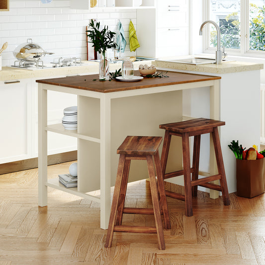 TOPMAx Solid Wood Rustic 3- Piece 45  Stationary Kitchen Island Set With 2 Seatings  Rubber Wood Butcher Block Dining Table Set Prep Table Set With 2 Open Shelves For Small Places Walnut Cream White
