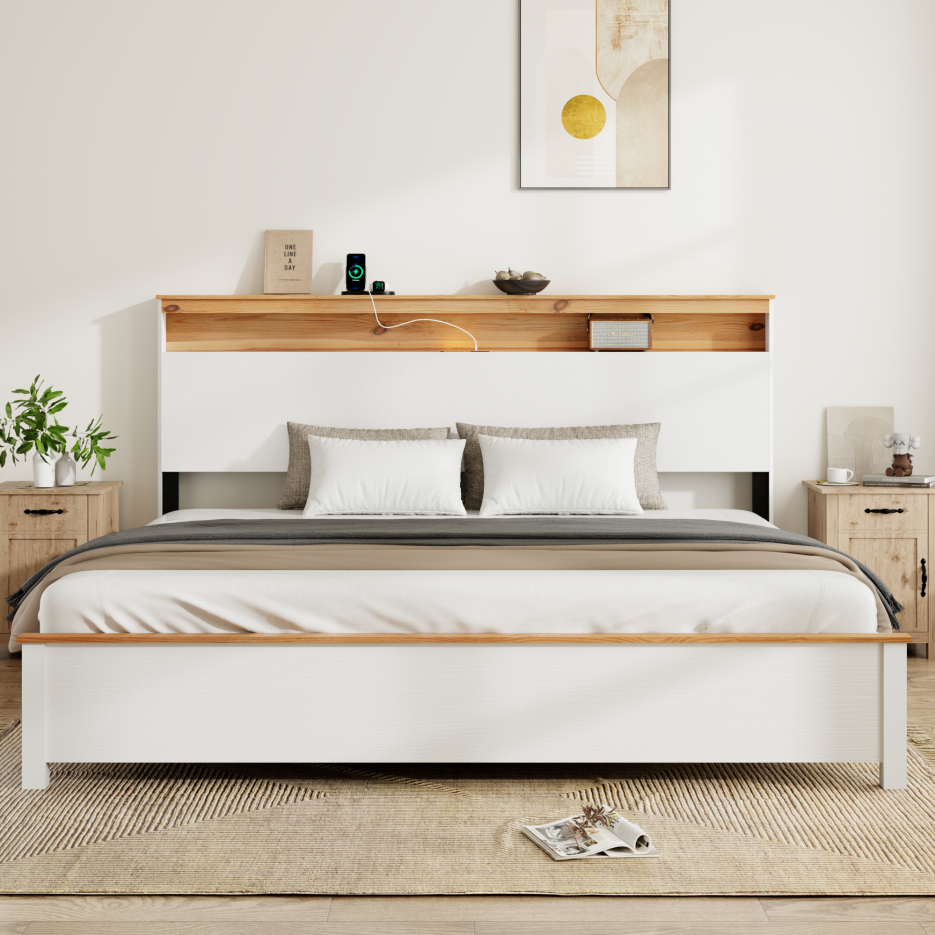 King Farmhouse Wood Bed Frame With Storage Headboard & Charging Station, White