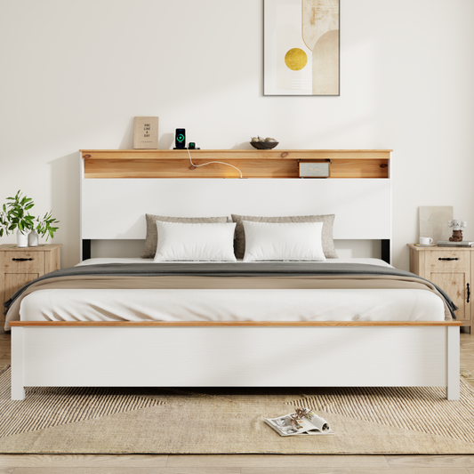King Farmhouse Wood Bed Frame With Storage Headboard & Charging Station, White