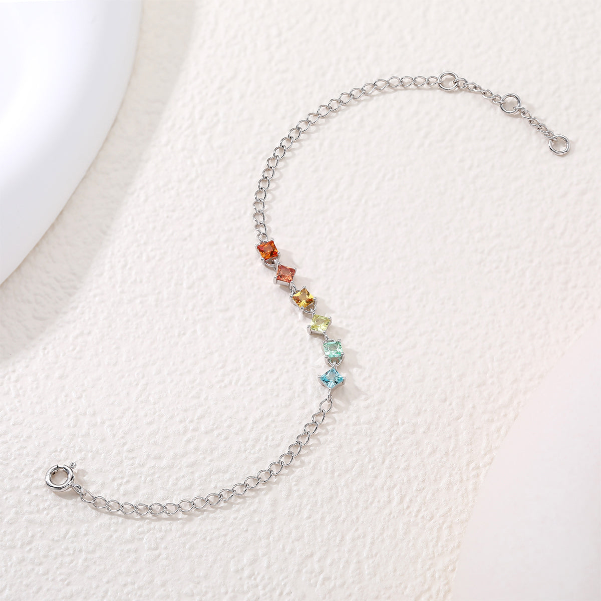S925 Sterling Silver Rainbow Lab-Grown Gemstone Bracelet 16cm Square Cut Platinum Plated Gift Box