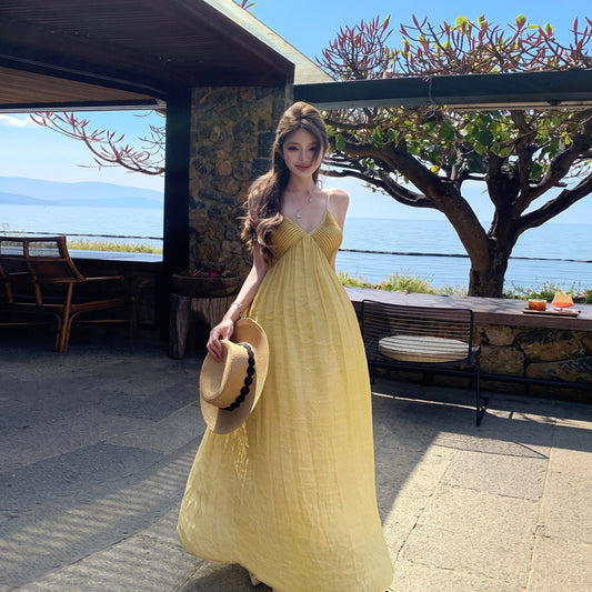Stunning Yellow V-neck Tea-length Strap Dress For Summer