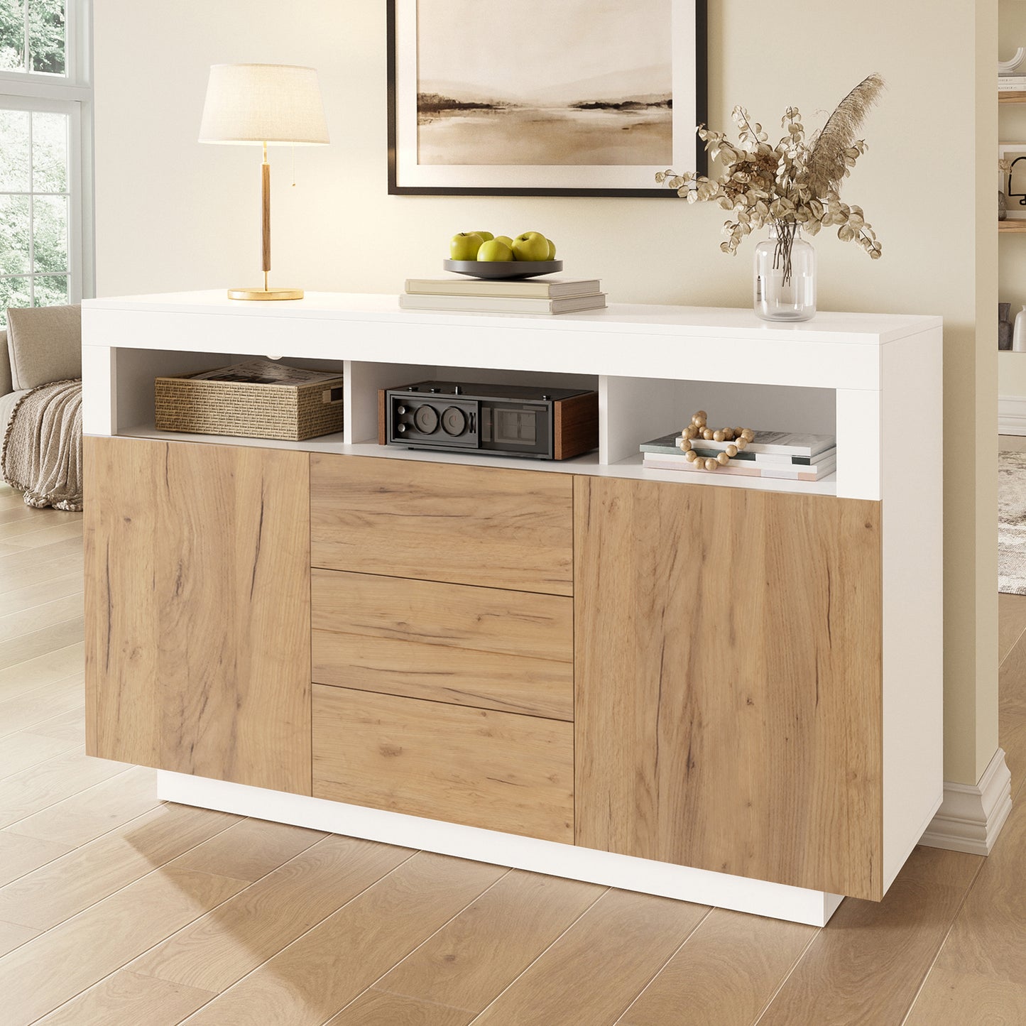 Modern Style Sideboard - Storage Cabinet With 3 Drawers And 2 Doors, Suitable For Living Room, Hallway Or Kitchen, Natural Wood Look - White, Dimensions  W-D-H  140 X 40X 85 Cm