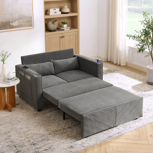 3-in-1 Minimalist Grand & Elegant Light Luxury 2-Seater Sofa Bed, Slide-to-Transform Design, USB Charging, Perfect For Napping, Dark Gray
