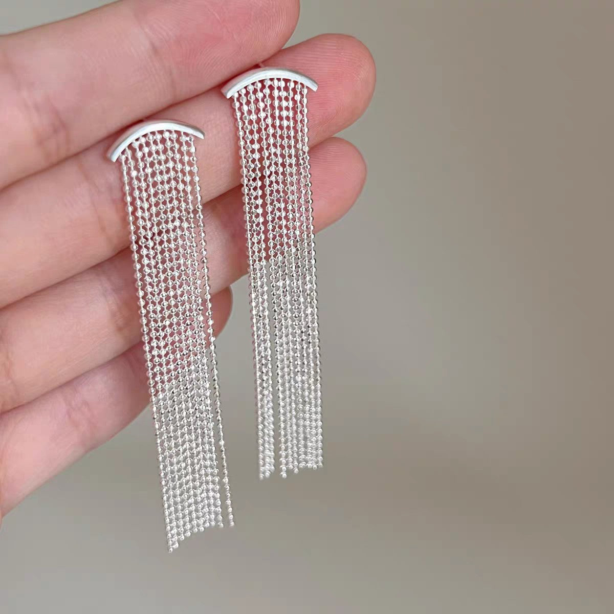 1 Pair 999 Sterling Silver Curved Beaded Long Tassel Earrings, Minimalist & Elegant, Perfect For Daily, Party & Dating, Ideal Valentine's Gift