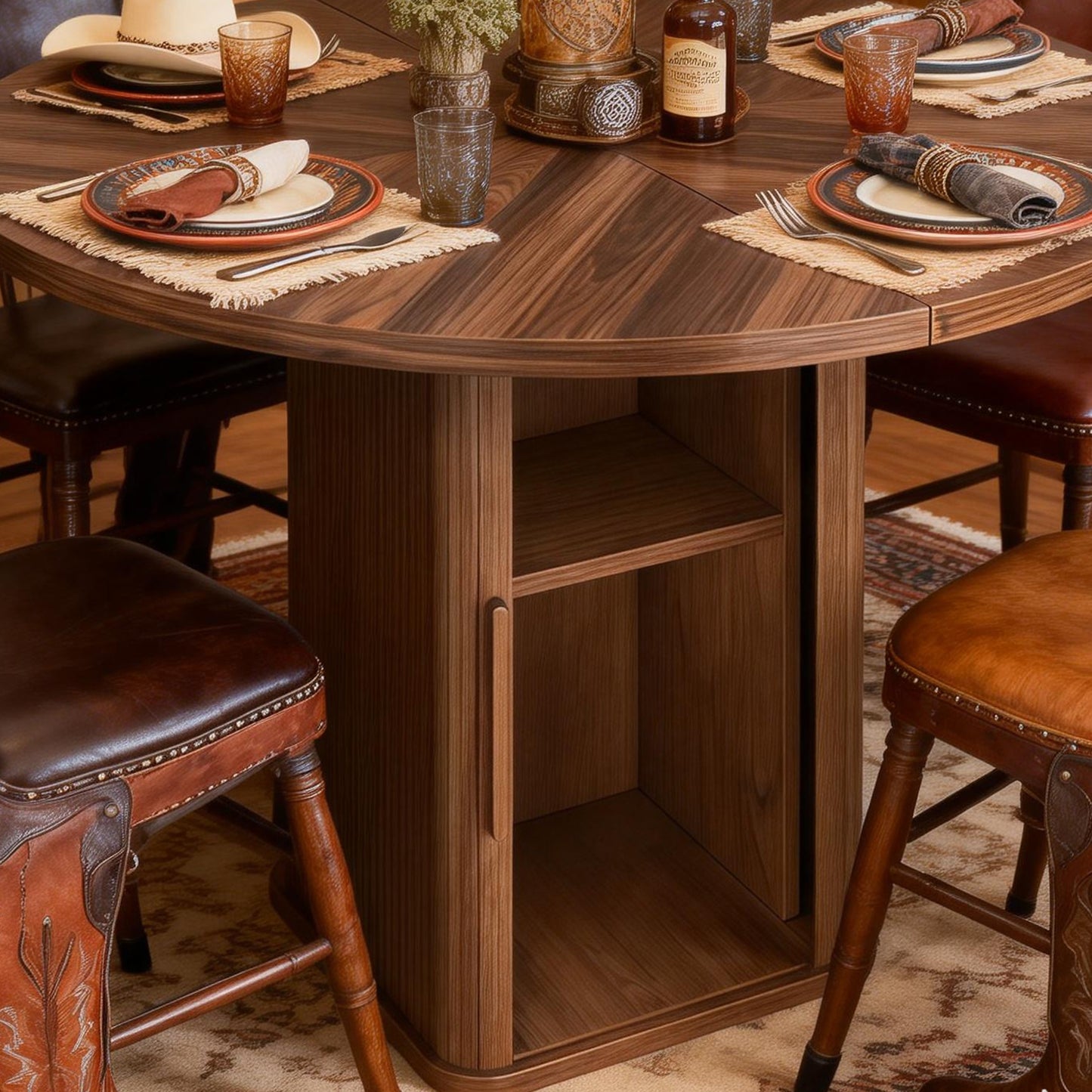 47in Dining Table Exquisite Round Table With 2 Storage Shelf Wood Slide Door And Wooden Base For Dining Room Home Kitchen Canteen