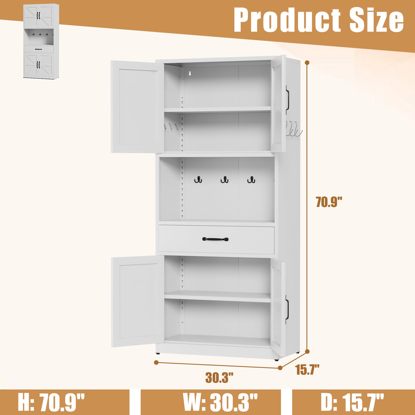 71  High White Steel Kitchen Pantry Storage Cabinet With Large Countertop, Adjustable Shelves, Drawers And Hooks, Heavy-duty Modern Style Cabinet