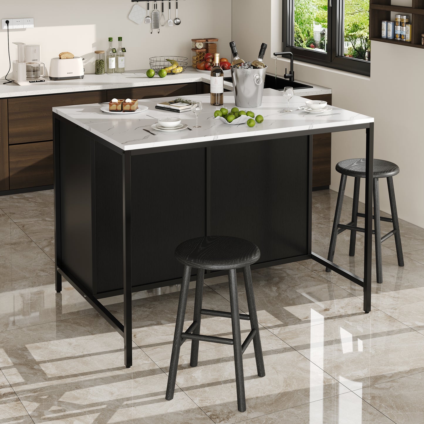 Standing Desk, Kitchen Countertop, Simple And Modern, Coffee Bar Table, Suitable For Living Room, Dining Room, Marble Pattern Tabletop, Adjustable Feet, Black