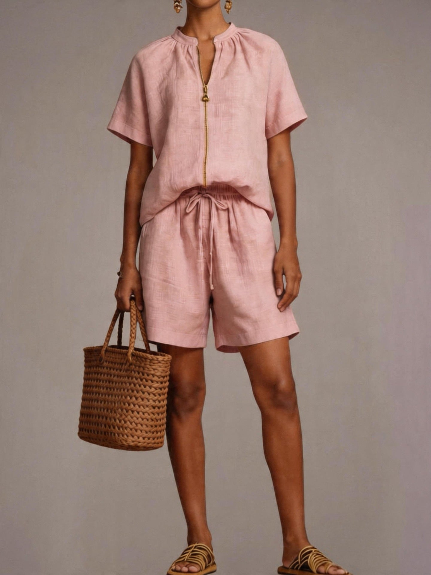 Summer New Solid-color Cotton-linen Short-sleeve Shorts Set