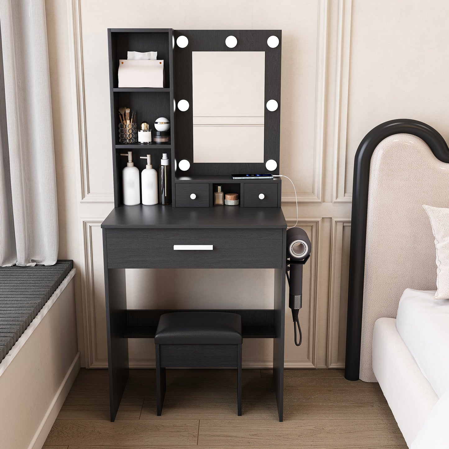 Vanity Table With Mirror & Adjustable LED Lights, Power Outlet, Hairdryer Holder & Stool -Compact Dressing Desk For Small Bedrooms Black