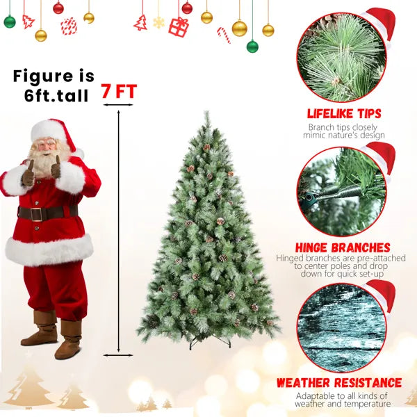 Artificial 7ft Green Christmas Tree With 1348PVC/Hard Needle Mixed Branch Tips,Pine Cone,Hinged Premium & Foldable Base For Indoor Holiday Decorating