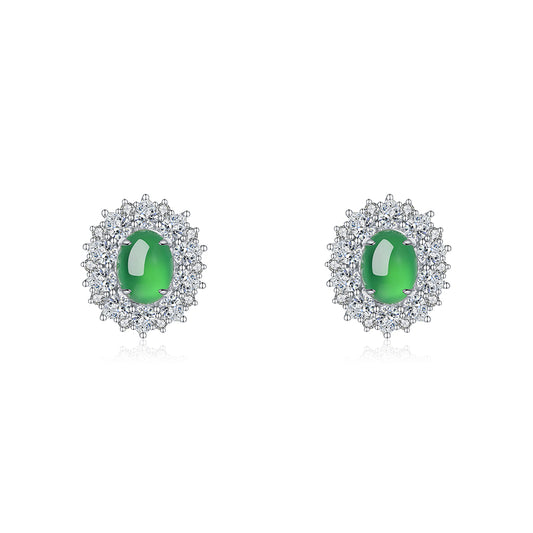S925 Sterling Silver Halo Stud Earrings, 9x7mm Oval Green Chrysoprase, Platinum Plated 6.6g Elegant Earrings With Fashion Gift Box