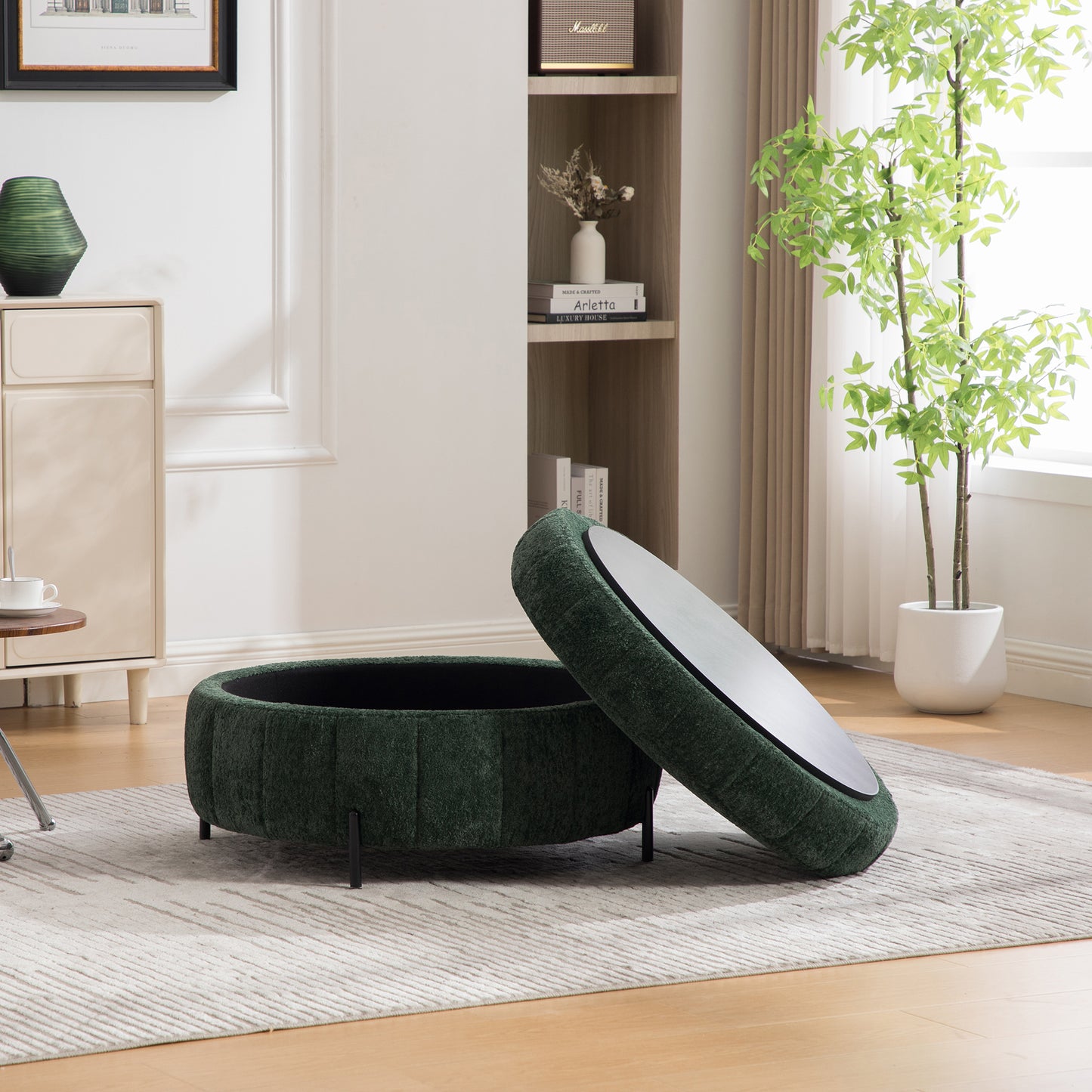 31.3 W Upholstered Round Ottoman With Reversible Lid, Chenille Storage Stool, Channel Tufted Pumpkin-shape Footstool For Living Room, Bedroom And Office, Green