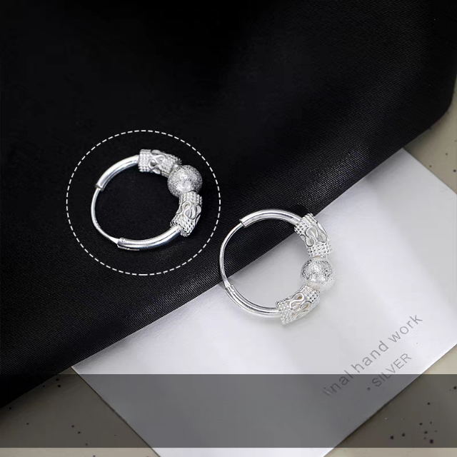 1 Pair 999 Sterling Silver Matte Bead Hoop Earrings, Retro Lucky Style, Perfect For Daily Wear And Valentine's Gift