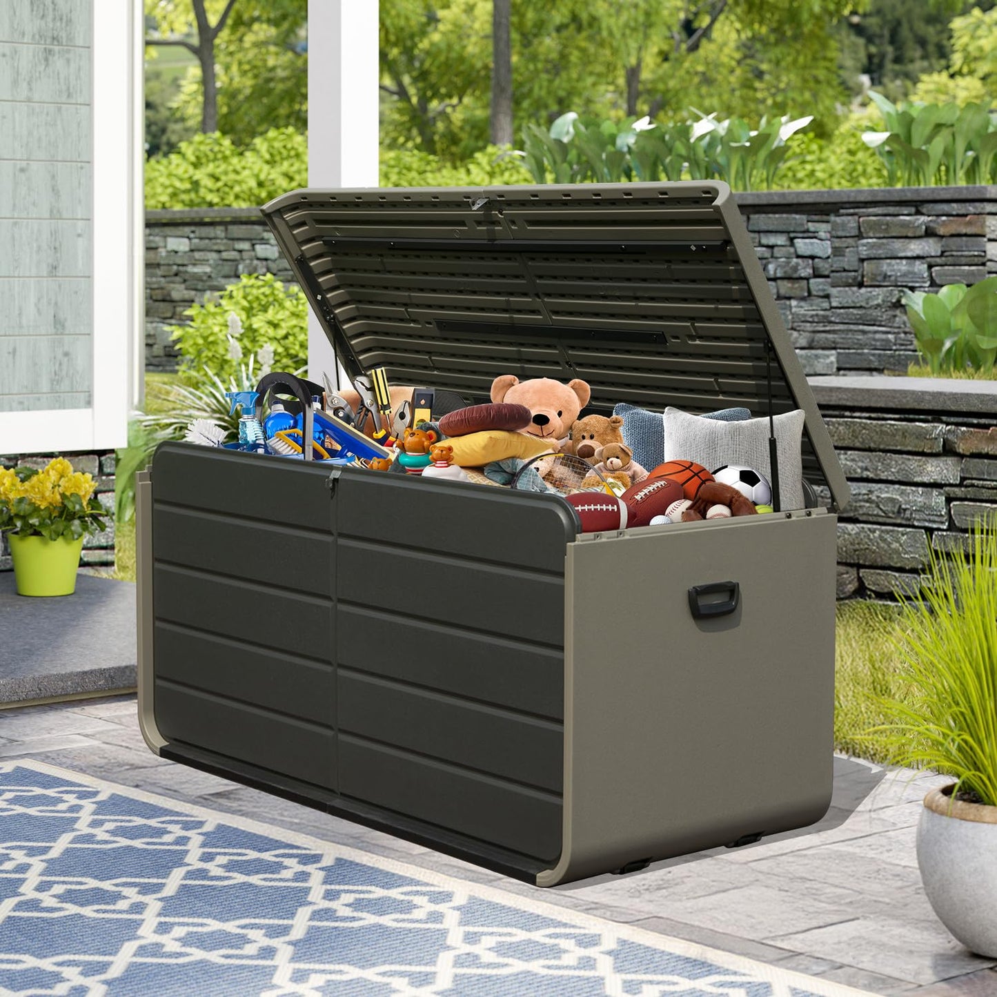 200 Gallon Plastic Deck Box, Large Patio Storage Box With Lock, Wheels & Waterproof Lid For Outdoor Cushions, Garden And Pool Supplies  Gray