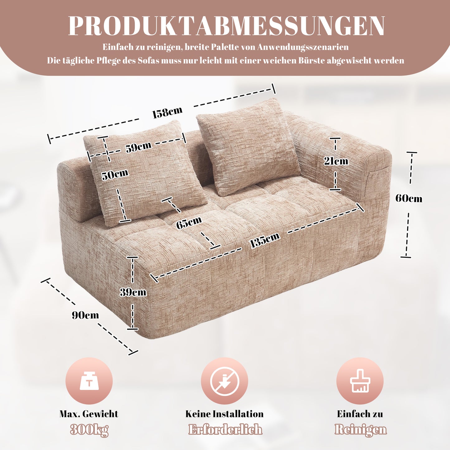 Comfortable Sofa For 2 People, No Assembly Required, Fluffy Sofa With A Cushion, Side Pockets For Remote Control And Mobile Phone, Neat And Stylish, Khaki