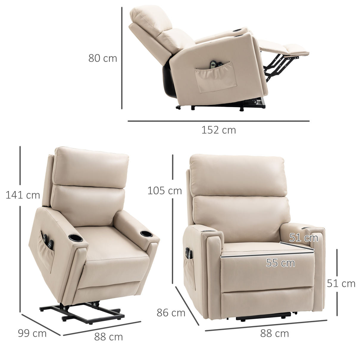 Electric Riser And Recliner Chair, With Massage And Heat - Beige