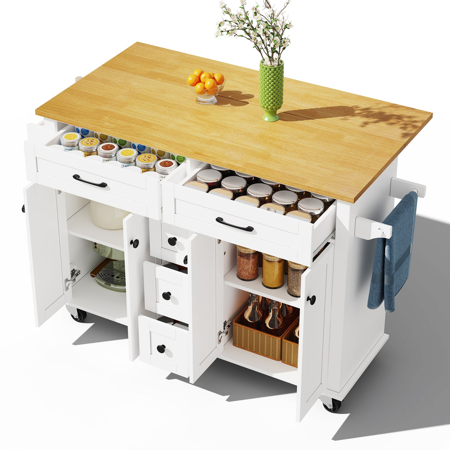 Multifunctional Kitchen Trolley With Fold-out Worktop, 120x65 Cm Expandable, With 5 Drawers, Cabinets, Spice & Towel Rack, On Castors  Kitchen Island For Kitchen, Dining Room & Living Room