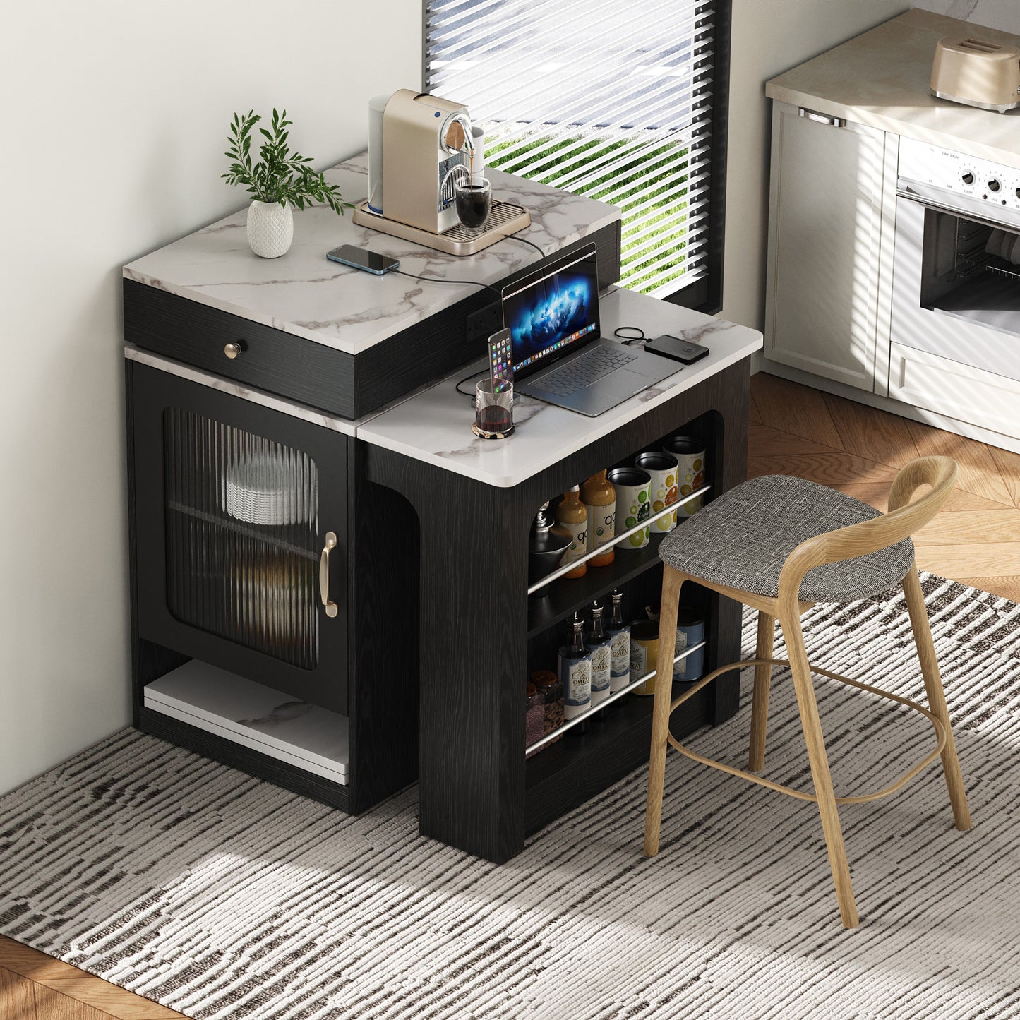 K&K 59.5   Kitchen Island With Extendable Dining Table, Kitchen Storage Table With Double-sided Storage, Kitchen Island With 2 Drawers, Power Outlet, Side Open Shelves, For Kitchen, Dining Room, Black