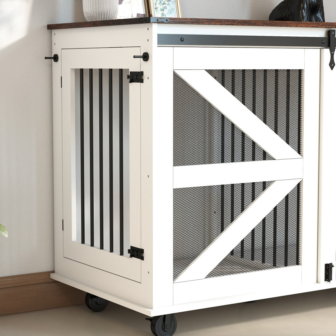 47.2 Mobile Dog Crate With Flip-Top Feeding Door, Dual-Access & 5 Caster System 2 Locking, Side Hooks - Multi-Functional Pet Kennel,double Dog Crate Furniture