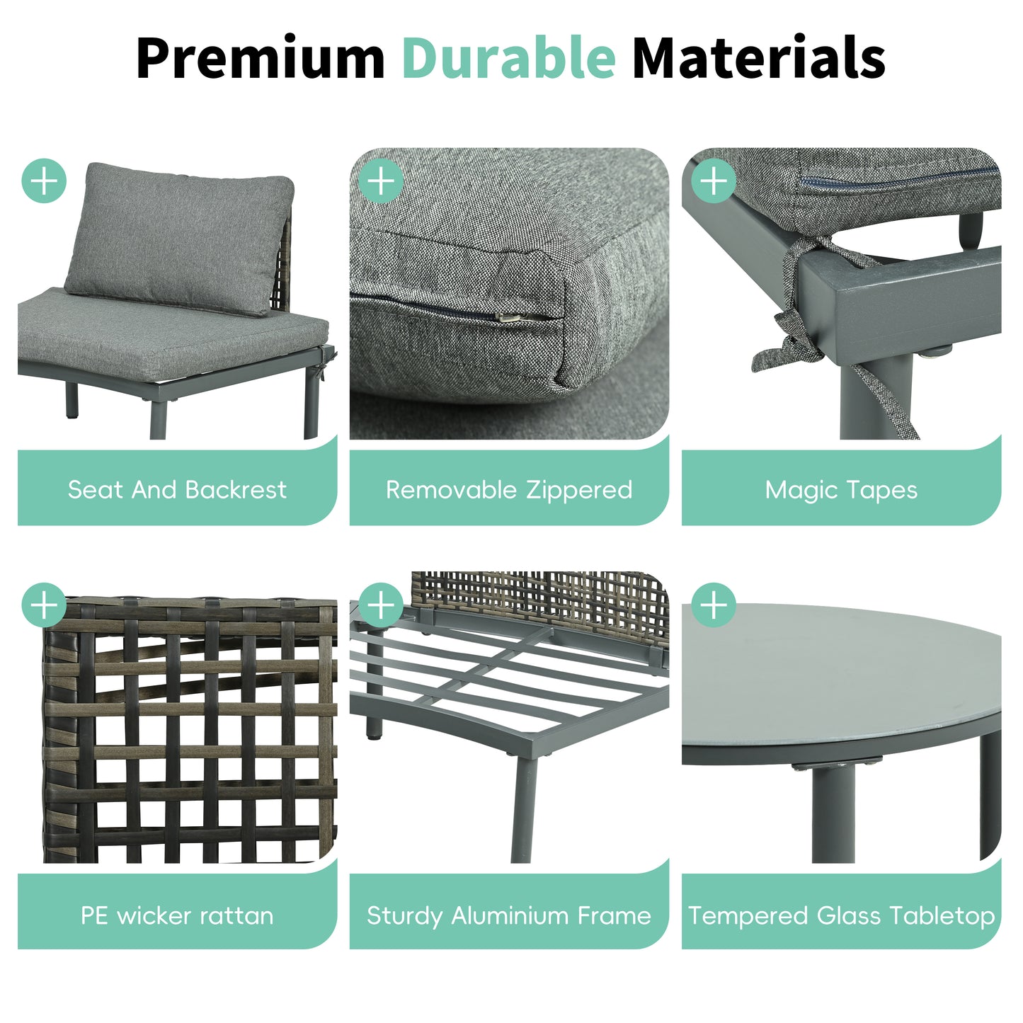 TOPMAX 6-Piece Patio Sofa Furniture Set, Half Moon Outdoor Sectional Sofa With 2 High-Low Coffee Tables, PE Wicker Rattan, Tempered Glass, 4 Pillows & Cushions, For Backyard, Garden, Poolside,Gray