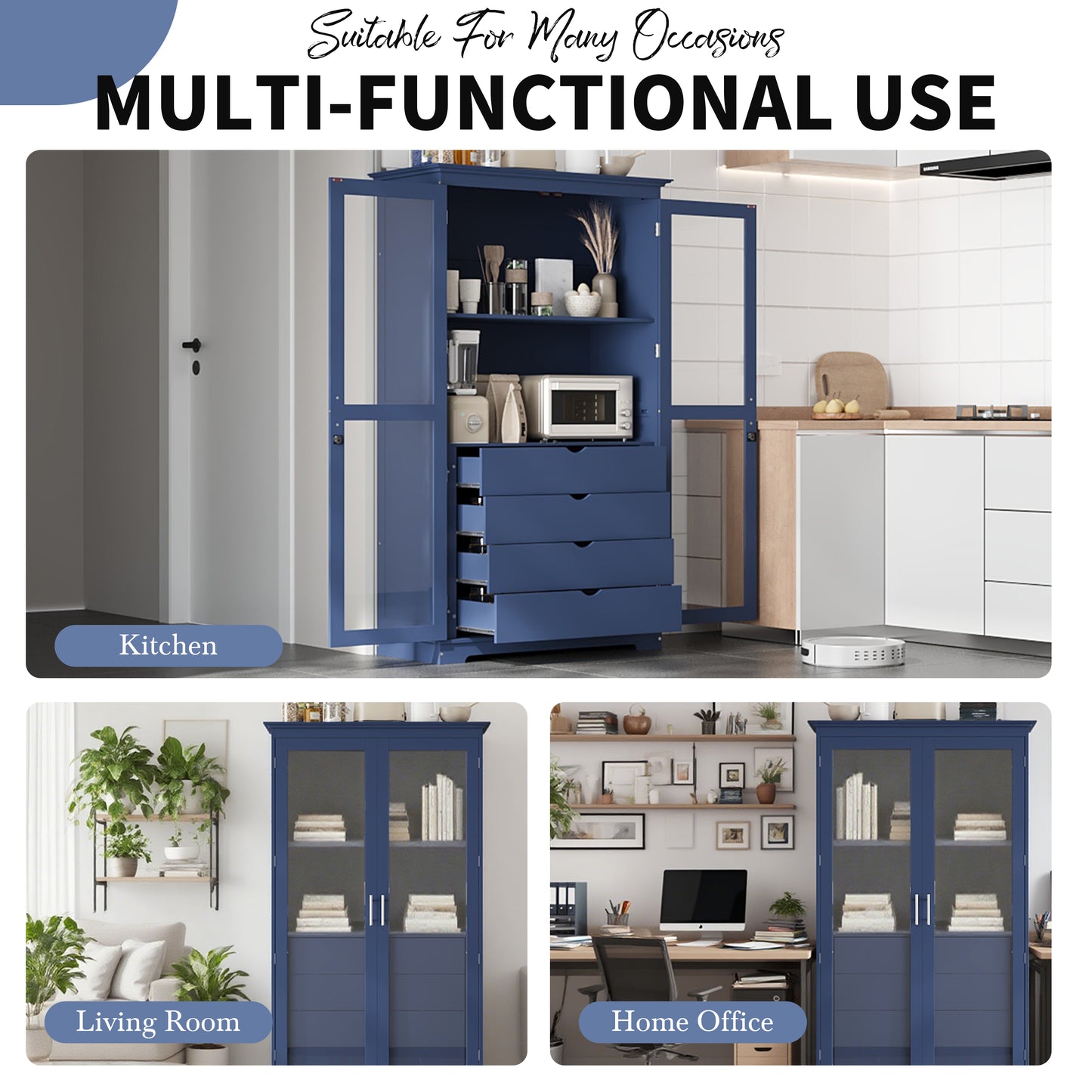 TOPMAx 44.7x20x75inch Kitchen Pantry  Freestanding Kitchen Storage Cabinet Display Cabinet With Glass Doors And 4 Built- In Drawers For Living Room  Home Office  Blue