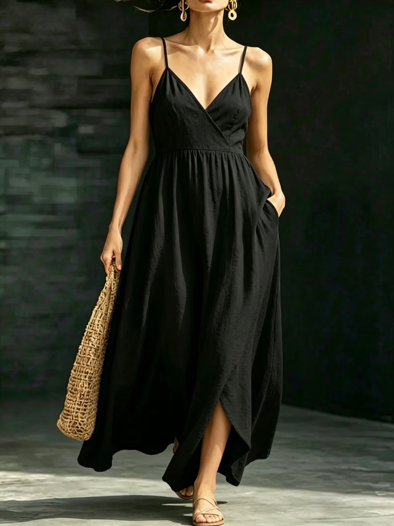 Summer V-Neck Spaghetti Strap Maxi Dress With Pockets - Elegant Vacation & Office Wear For Women