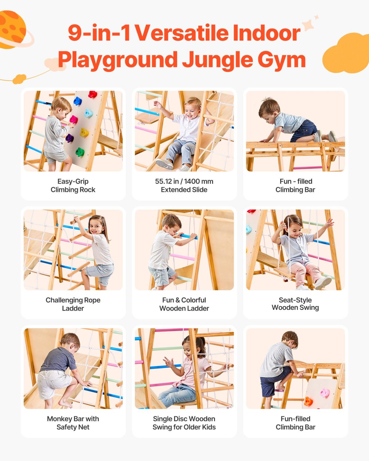 Indoor Playground Jungle Gym, 9-in-1 Montessori Climbing Toys For Toddlers, 250LBS Wooden Indoor Playground Playset With Monkey Bar, Swings, Slide, Rope / Wooden Ladder, Climbing Net, Bar & Rock
