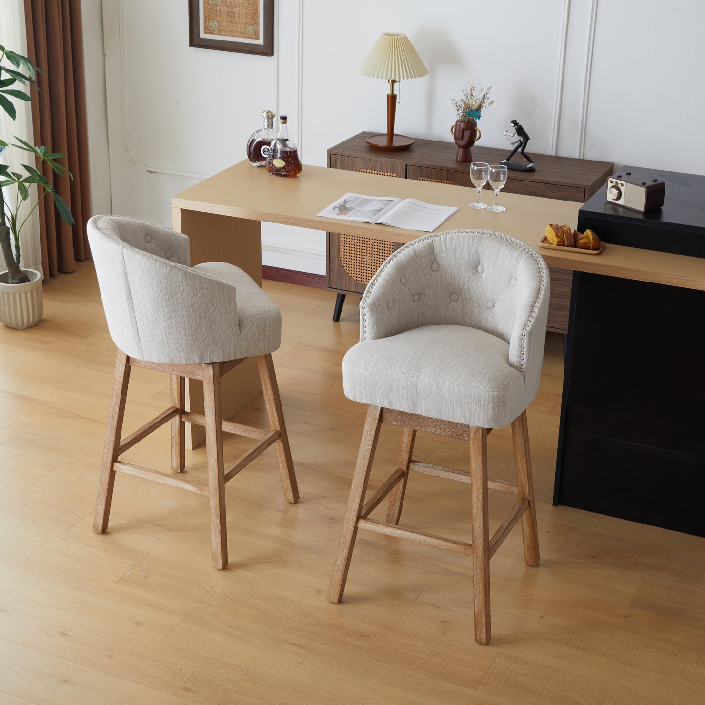 33.25 Swivel Counter Stools Set Of 2, Upholstered Counter Height Bar Stools With Solid Rubber Wood Frame, Backrest, Footrest, Armless Barstools For Home Bar, Kitchen Counter, Natural   Beige
