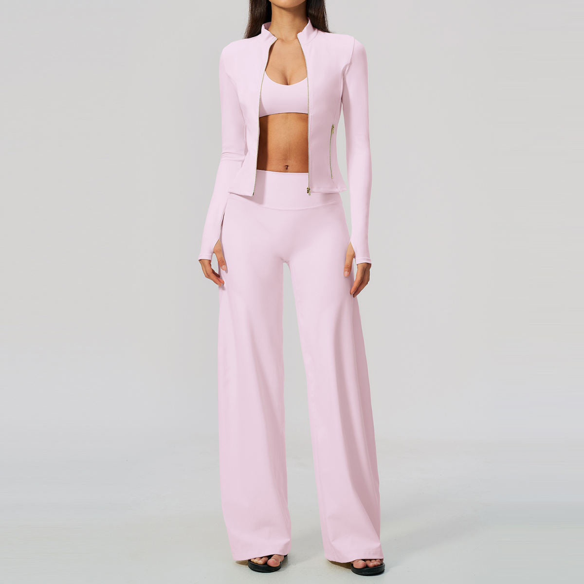 Yoga Jacket Zip-up Long-sleeve Bra And Flared-leg Workout Set
