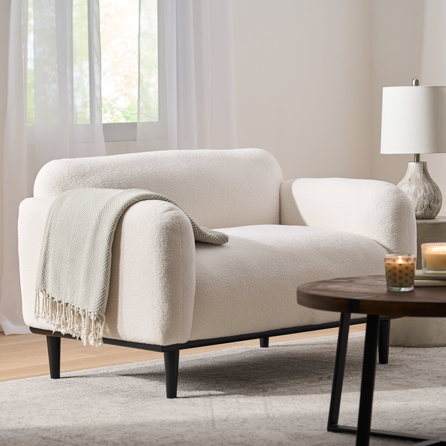Boucle Fabric Loveseat Sofa - 50 Inch White Upholstered 2-Seater With Black Legs, Comfortable & Stylish For Living Room, Office, Or Reading Nook,White