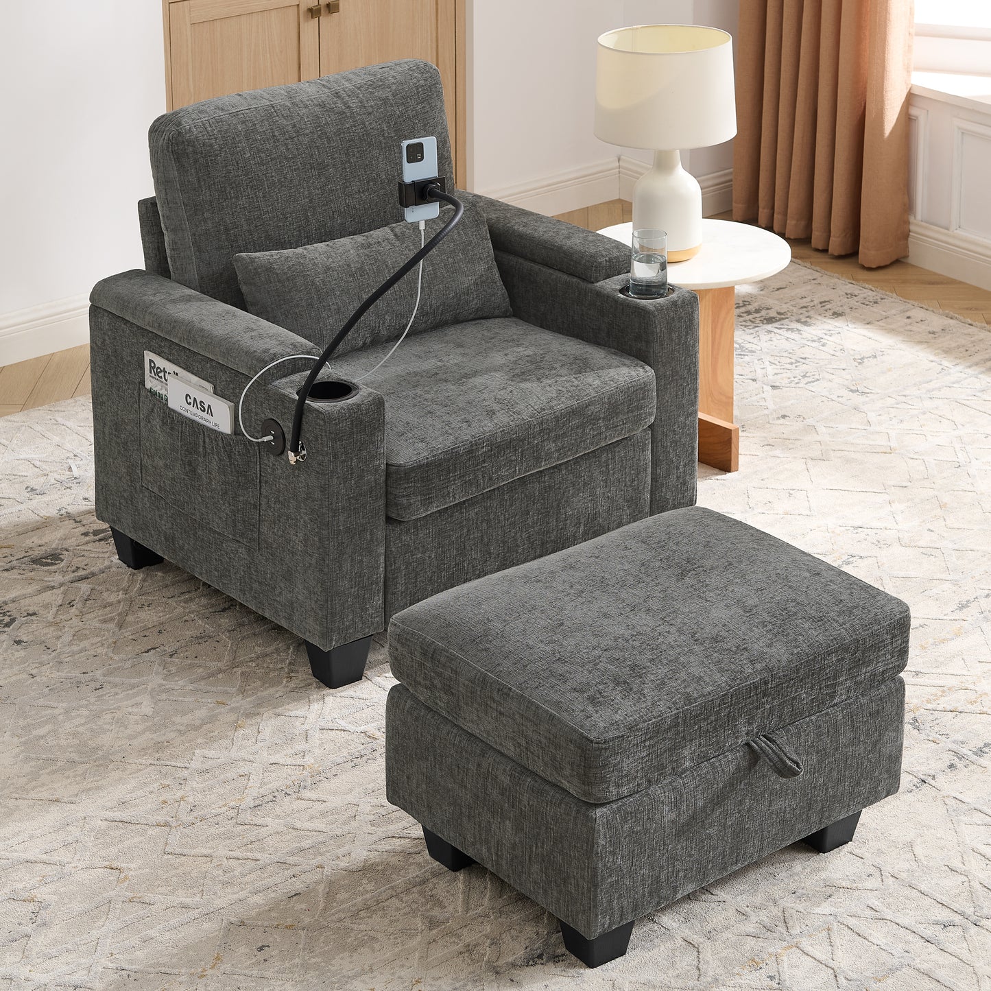 Single Sofa Recliner With Manually Adjustable Backrest, USB Charging Port On The Armrest Side, Phone Stand Included, Hidden Armrest Storage, And A Matching Storage Ottoman-Gray