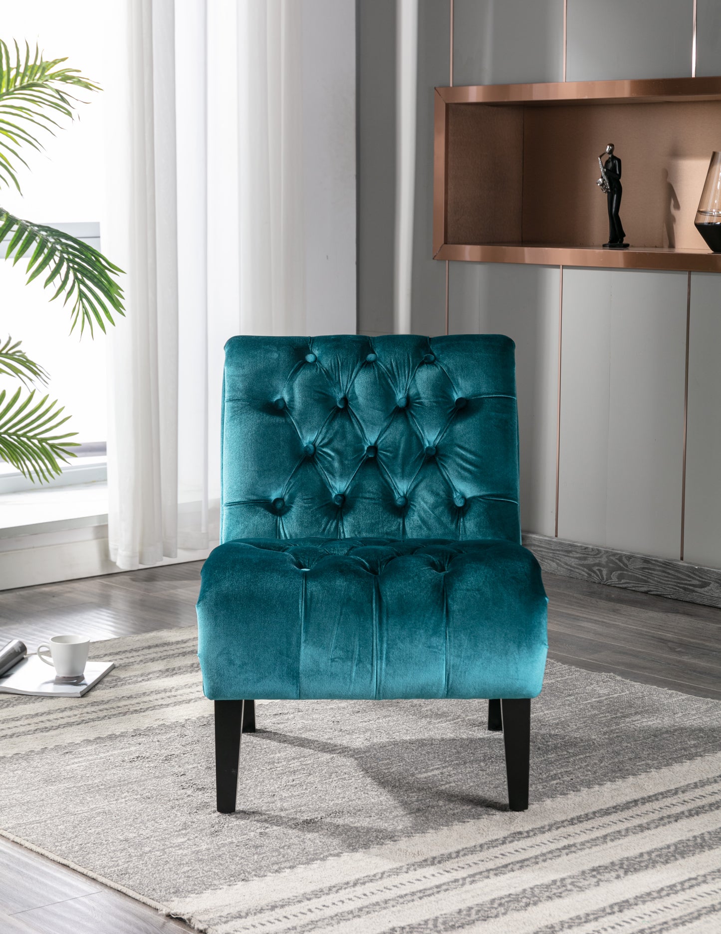 COOLMORE Modern Velvet Armless Accent Living Room Chair   Leisure Chair,Upholstered Fabric Button Comfortable Chair With Wooden Legs For Bedroom, Living Room, Office  Teal Velvet