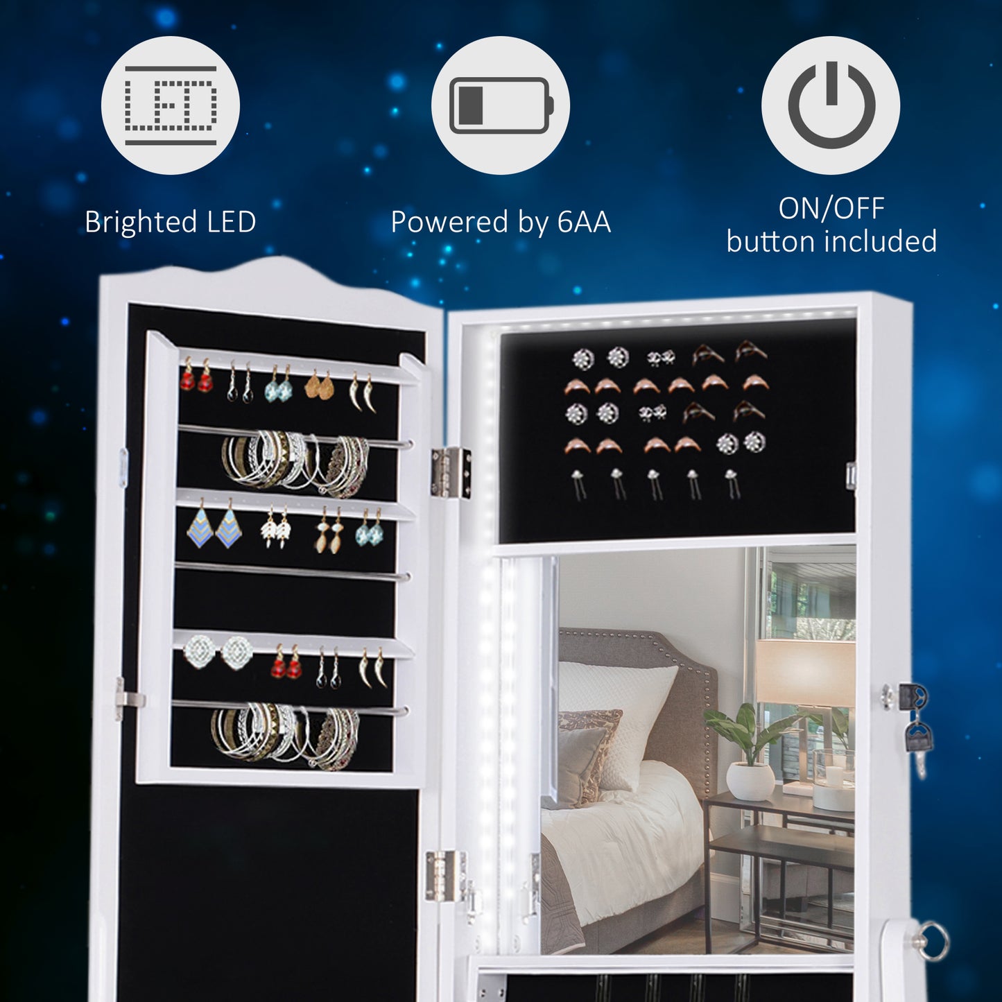 Jewellery Cabinet With Led, Mirroir Cabinet Armoire Floor Standing Flip-over Makeup Shelf Organizer With Lock White