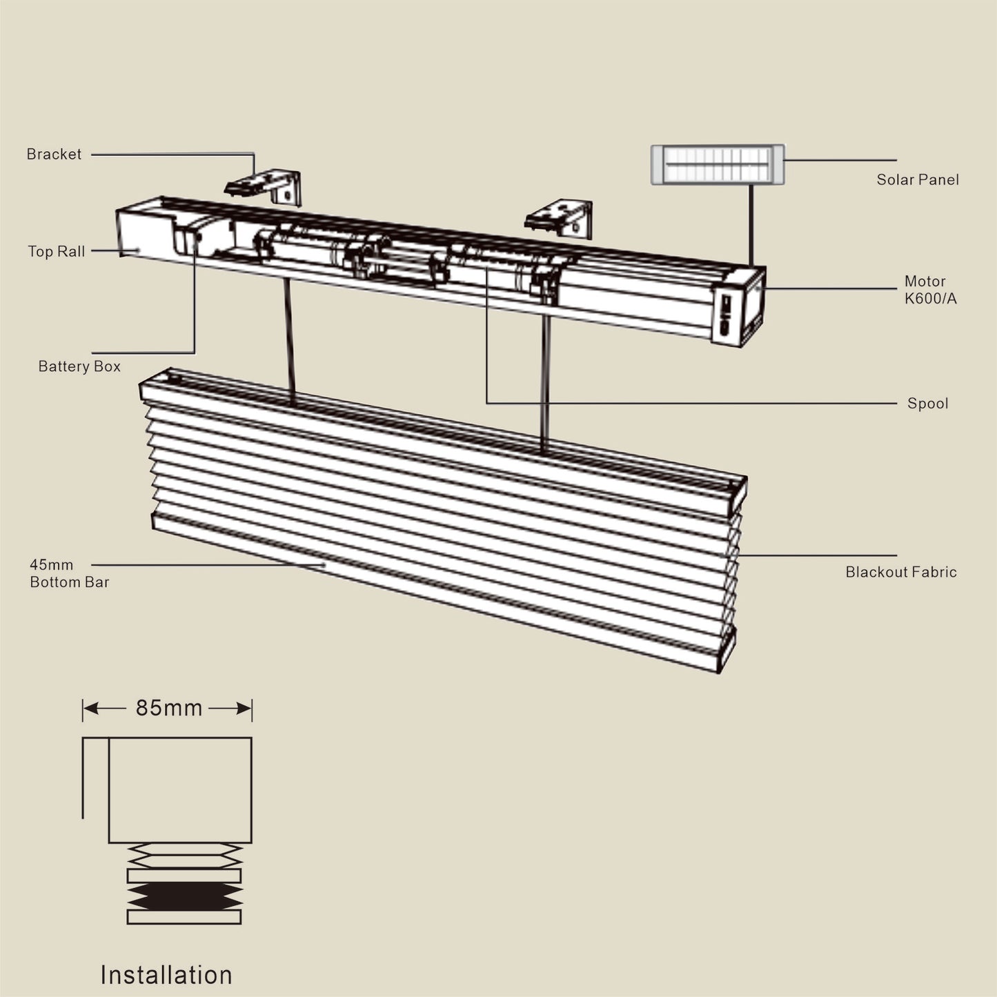Raised Flag Day-Night Shade With Remote Control And Solar Panel-Full Blackout Motorized Shades For Home And Office-Cordless Organ Shade-Cordless Cellular Shade-Khaki