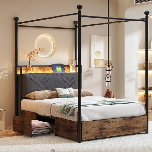 Multifunctional Bed 90 X 190 , With Storage Space And Wrought Iron Canopy,with Removable Bed Posts With LED And USB Type-C Charging Ports, As Well As Two Drawers, Iron Single Bed, Youth Bed.,