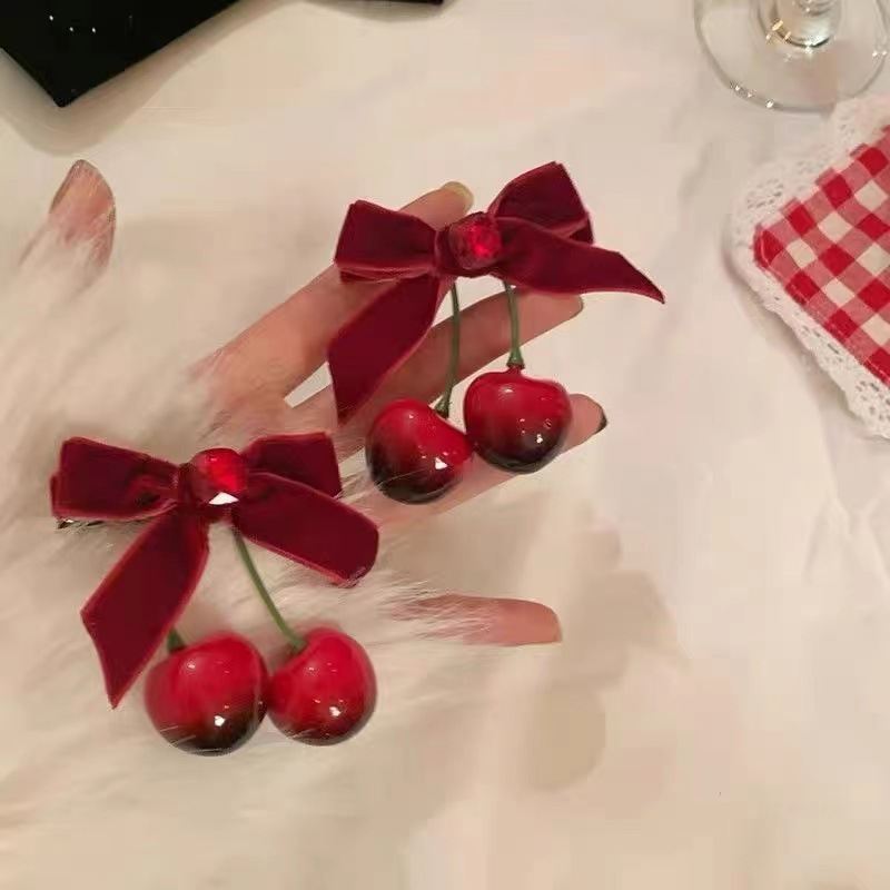 New Year Red Cherry Hair Accessories Velvet Bow