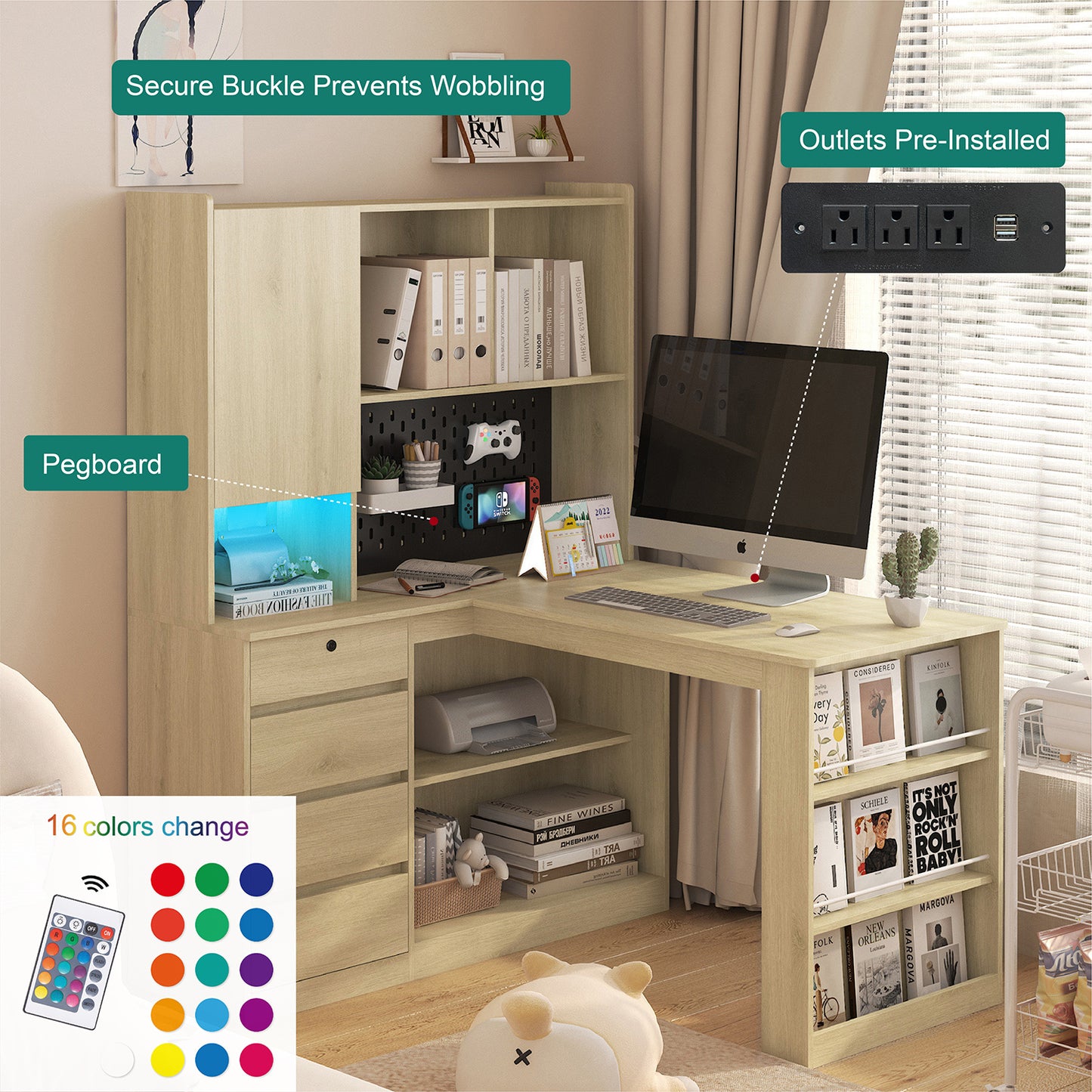 L Shaped Desk With Charger,Computer Desk With Drawers,Bookshelf,with LED Light,Modern Corner Desk,Home Office Desk,L-Shaped Study Table Writing Desk,Corner Gaming Computer Desk With Storage