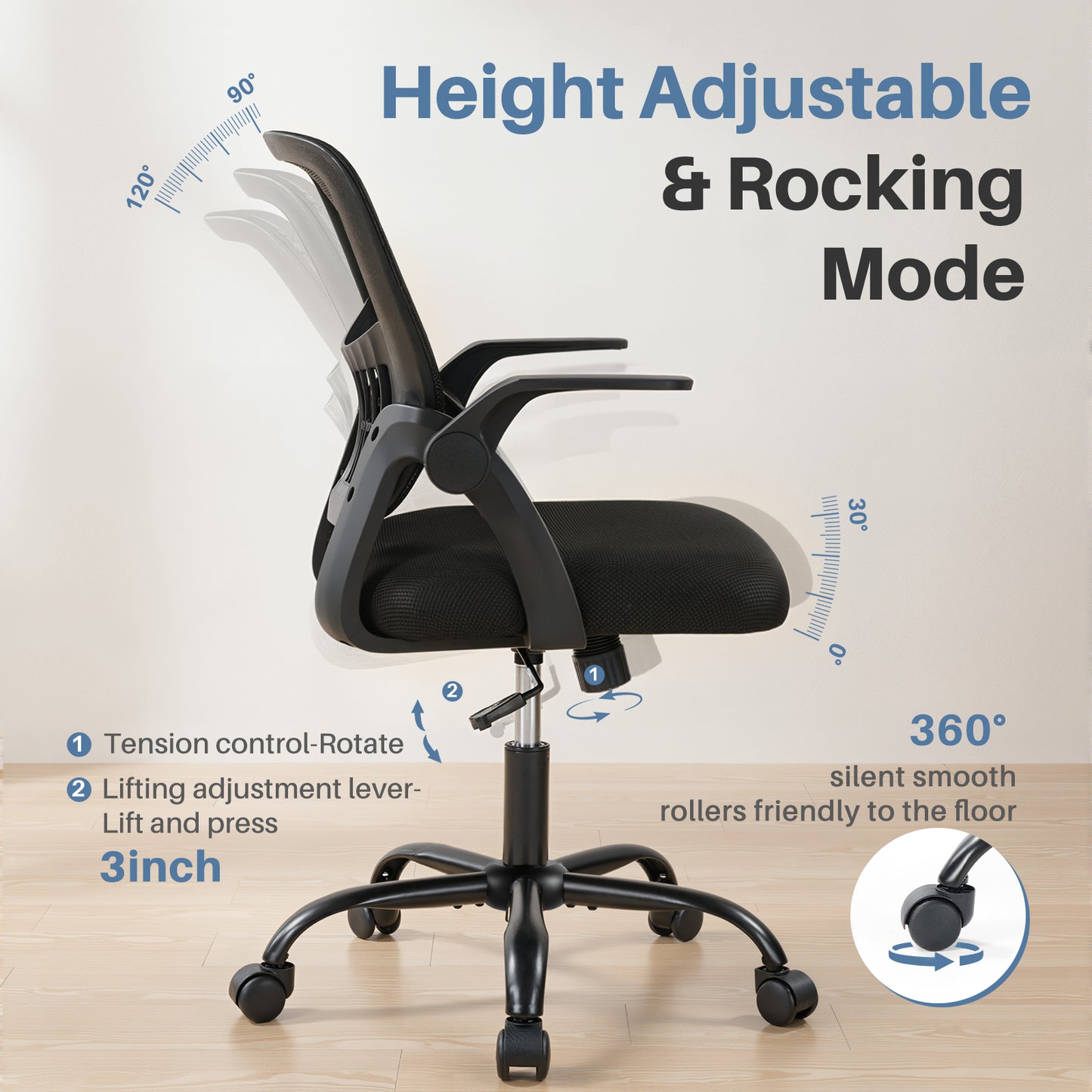 The Flip-up Armrest Fabric Computer Desk Chair With Adjustable Rotating Backrest Offers Comfortable Lumbar Support.