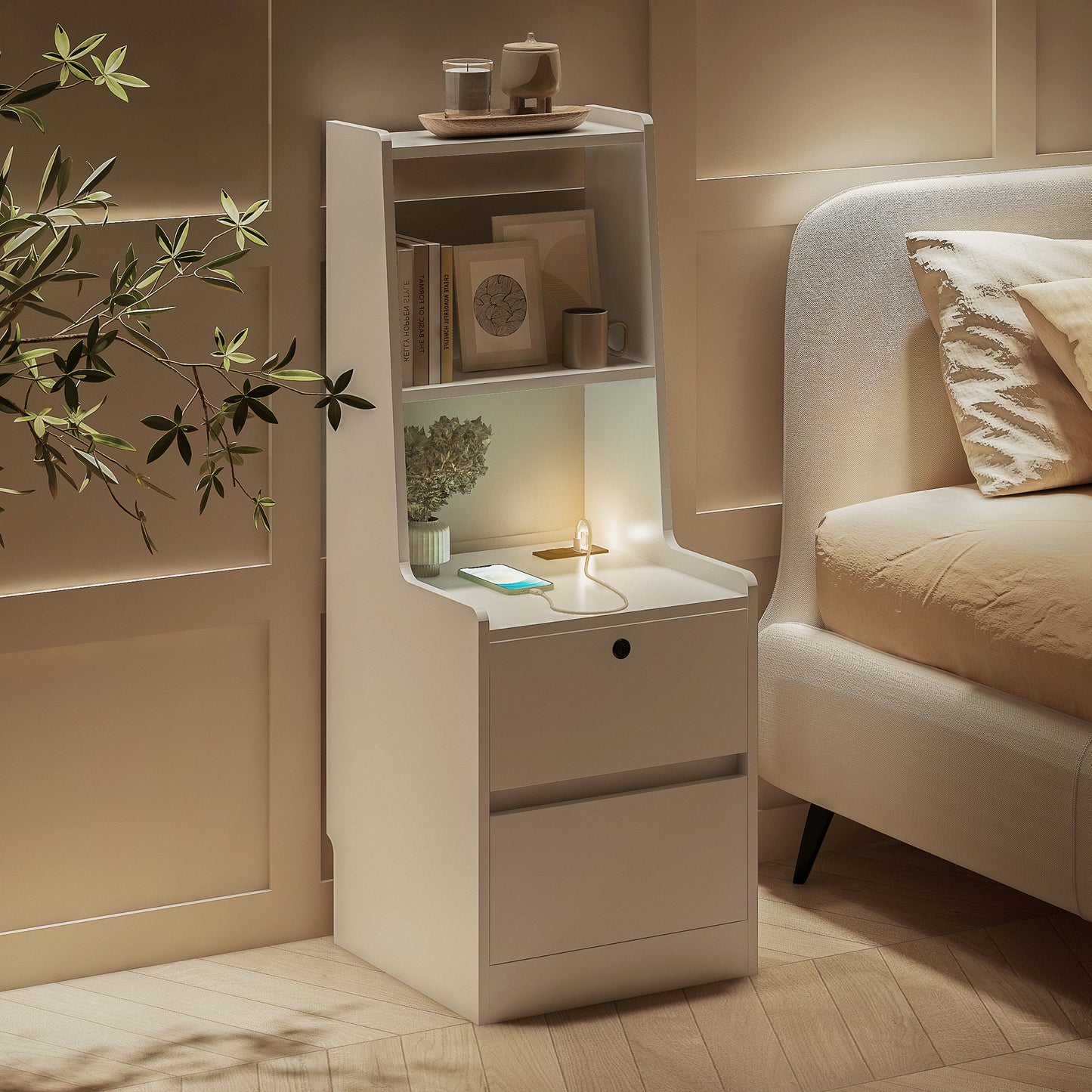 Nightstand With Charging Station, Smart Nightstand With Night Light, Modern Night Stand With Bookshelf, Bedside Tables With Storage Cabinet For Bedroom, White