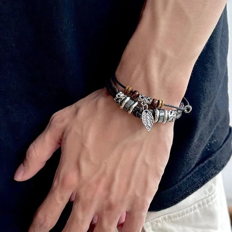 1pcs Double Layer Braided Leather Wooden Bead Leaf Charm Bracelet, Vintage Boho Ethnic Style, For Men Women Daily Outdoor Wear & Couple Holiday Gifts