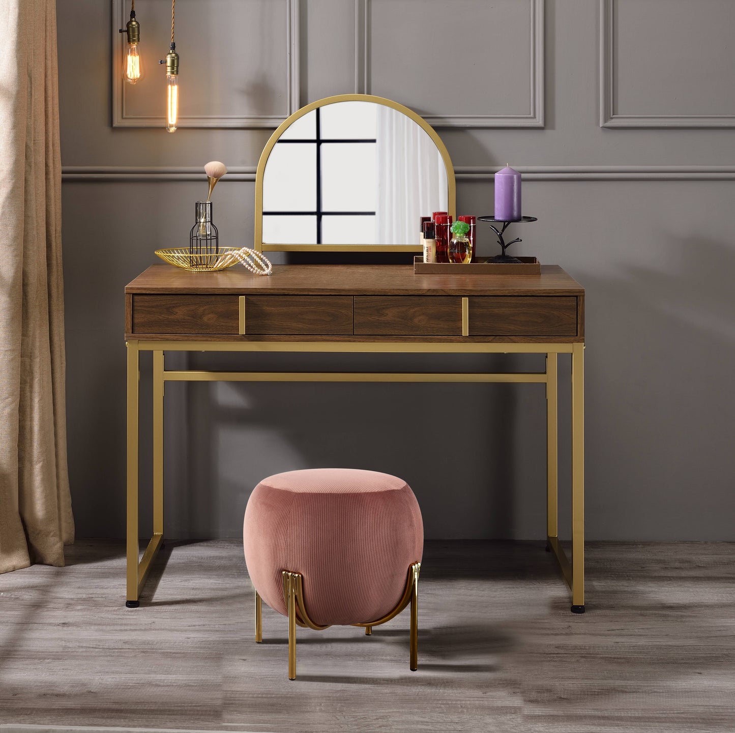 Coleen Walnut & Gold Finish Vanity Desk W Mirror & Jewelry Tray