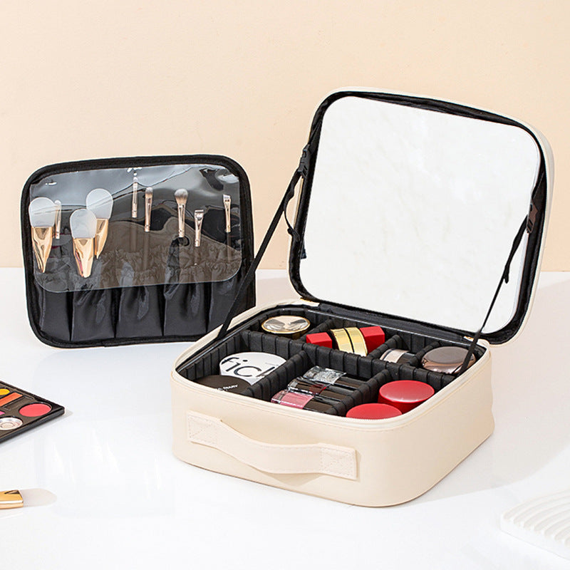 Makeup Bag With Mirror And Light Rechargeable PU Leather Travel Storage Box