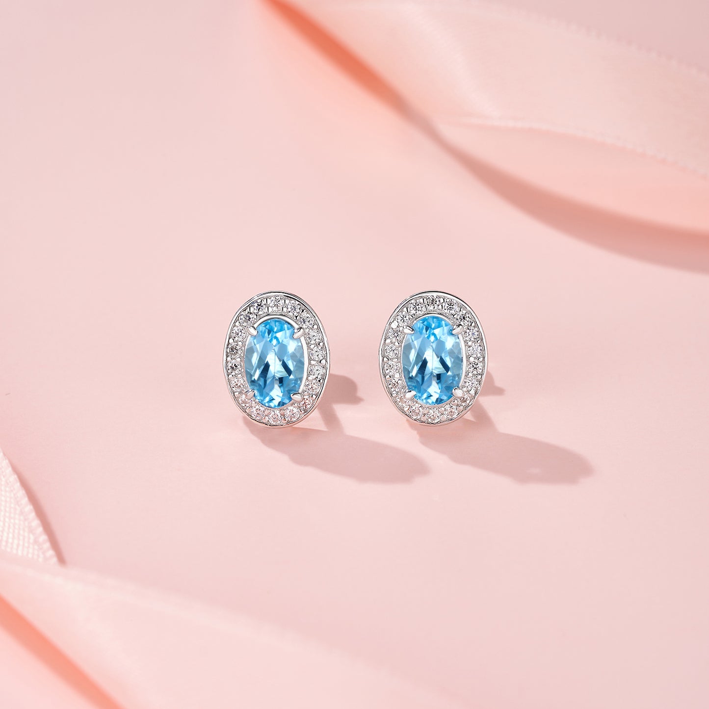 1.65g S925 Sterling Silver Halo Stud Earrings For Women  Oval Cut Blue Topaz & Moissanite, Platinum Plated Jewelry Gift Box Set