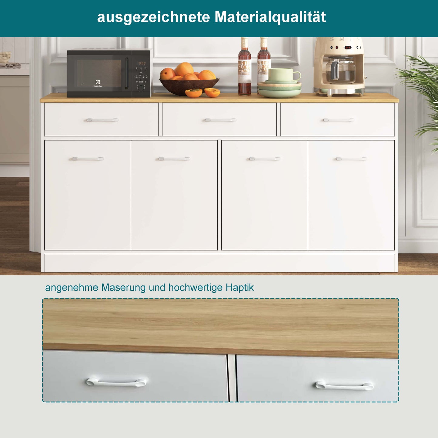 Kitchen Cabinet Sideboard With 3 Drawers & Adjustable Shelves, 160cm Kitchen Island With Wood Look Worktop, White, 76.5x160x37cm