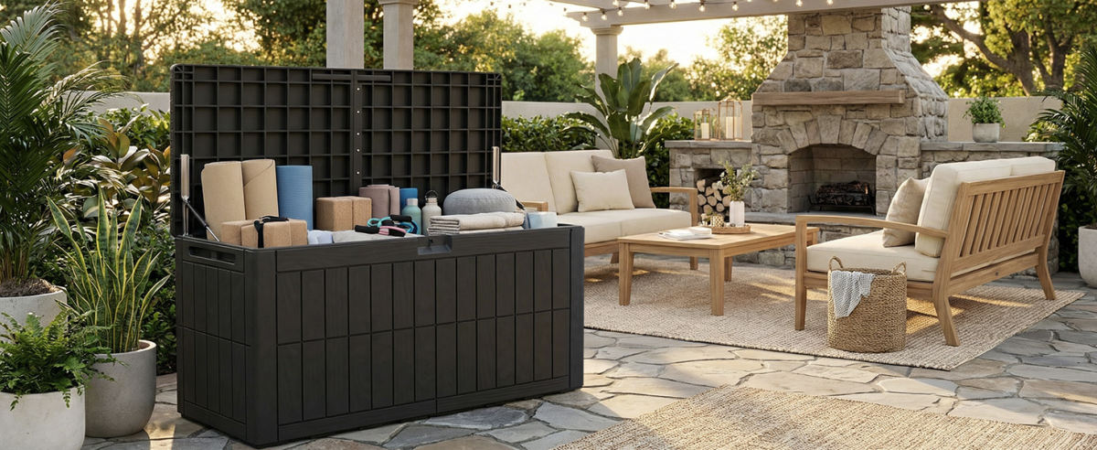 1 0 0 Gallon Outdoor Storage Box Water Proof Resin Deck Box Lockable Storage Bin For Cushion Patio Furniture Pool Accessories Garden Tools Black