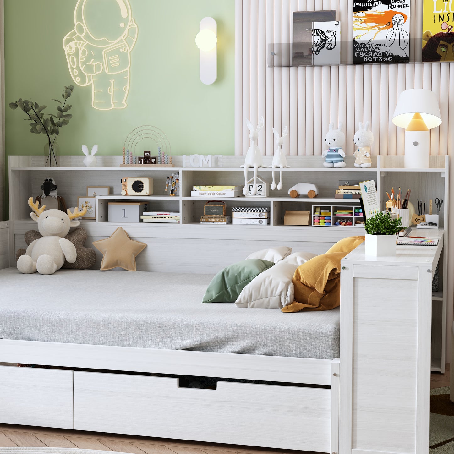 Wooden Full Size Daybed With Storage Shelves, Multi-functional Bed With Two Storage Drawers And  Study Desk, Antique White  Old SKU N733S241486K